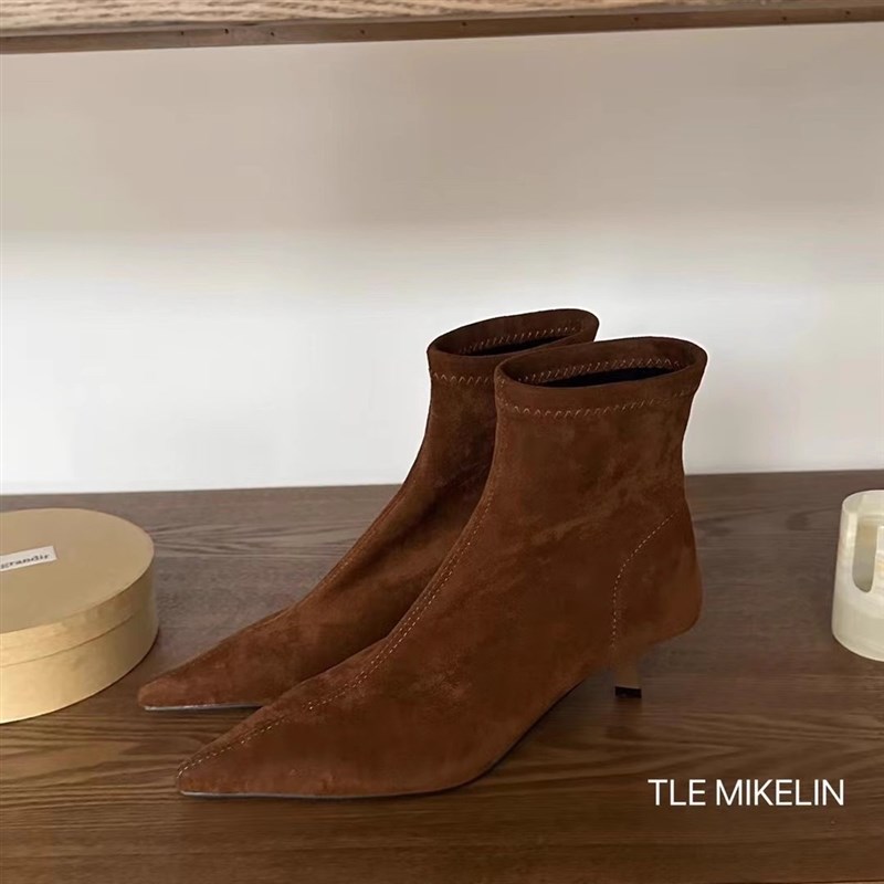 高跟尖头绒面卡其色瘦o瘦靴短靴女鞋2024新款春秋单靴韩系小裸靴