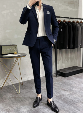 高级蓝色西装套装男韩版商务休y闲职业正装伴郎结婚新款平驳领西