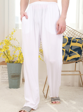睡裤男士可外穿棉绸长裤居家宽松大码薄款K男装单件老年人白色春