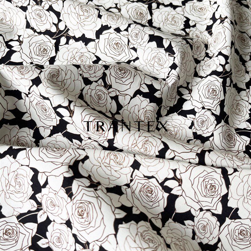裙子纯棉全棉布料diys手工碎花印花衣服装衬衣连衣裙黑白玫瑰面料