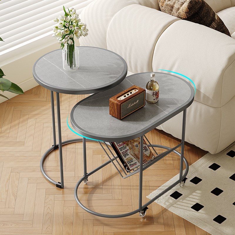 移动茶几沙发角几边几小户型客厅阳台岩I板桌子椭圆形玻璃组合带