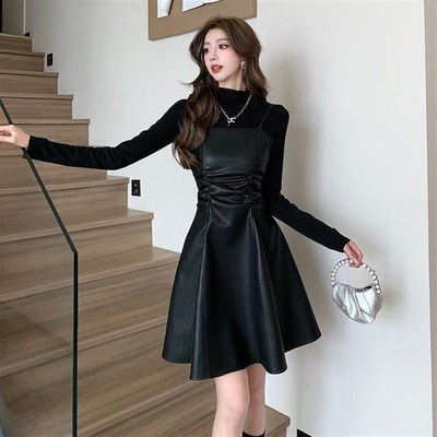2023新款财阀小m千金中领长袖打底衫+吊带褶皱收腰皮裙连衣裙套装