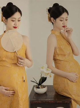 孕妇照服装影楼复古黄色旗袍中国风中式孕M妈咪艺术照写真拍照衣