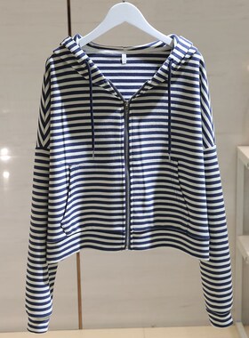 条纹抽绳连帽卫衣女长袖2023秋季新F款宽松显瘦百搭短款外套上衣