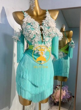 蓝色拉丁舞服练功服花服成人女儿童练习L服流苏新款比赛2496