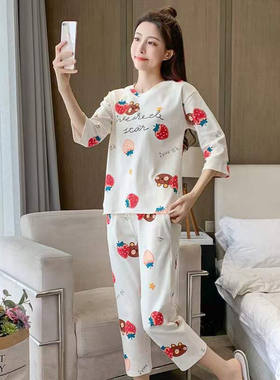 春秋季七分袖睡衣女春夏轻薄印花矮个子八分裤外穿家W居服套装时