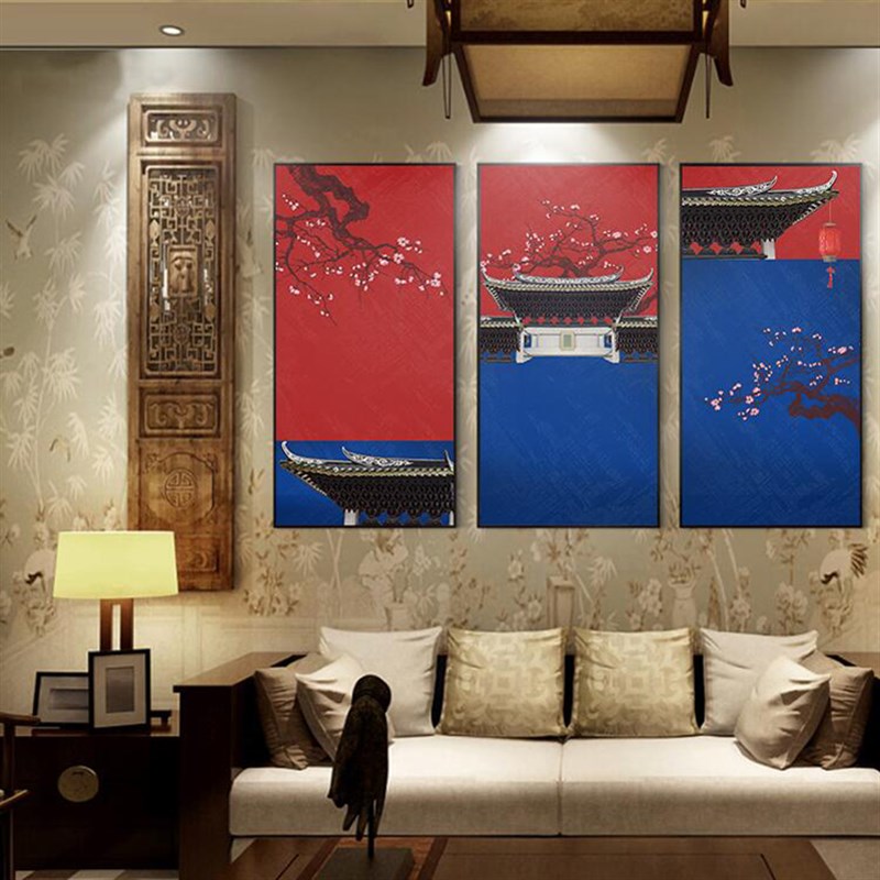 新中式客厅装饰画中国风酒店挂画餐厅过道玄关壁画沙X发背景三联