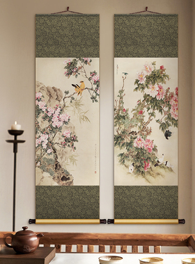 花鸟国画新中式丝绸卷轴挂画餐厅书房装饰画茶室T客厅背景墙画壁