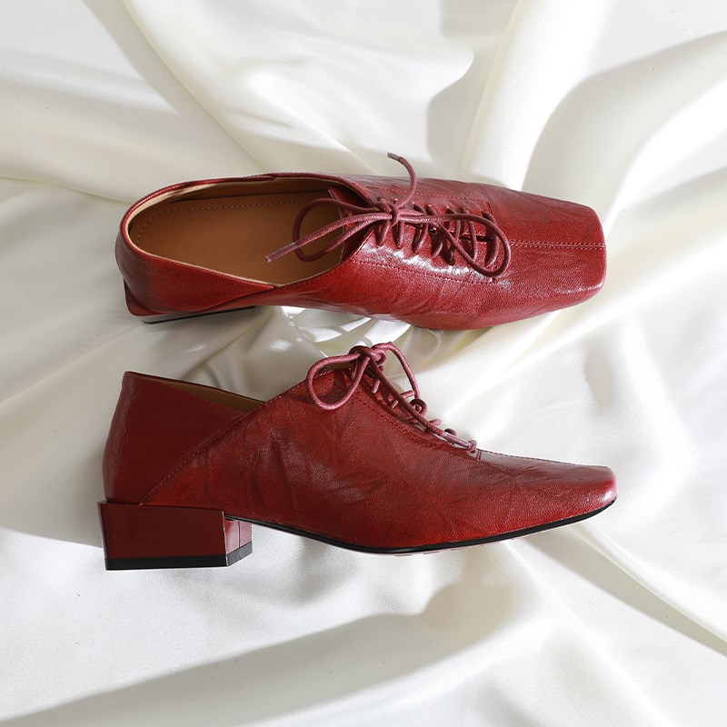 莲花府邸2025春季法式单鞋复古粗跟羊皮方头百搭系带深.口小皮鞋