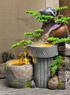 阳台花园楼梯转角落田园老石槽装饰假G山喷泉流水景观造景装饰摆