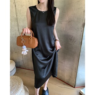 阿一 柔软亲肤纸片人 直筒连衣裙女夏季宽松黑色无袖Y中长款裙子