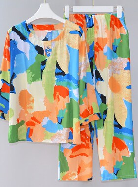 睡衣女夏中长袖棉绸中老年妈妈时尚F居家服人造棉外出薄款绵绸套