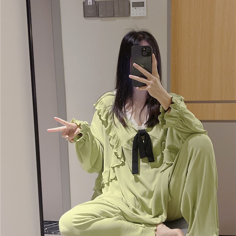 长袖睡衣女春秋甜美大花边针织棉家居服宽松M大码胖mm200斤套装