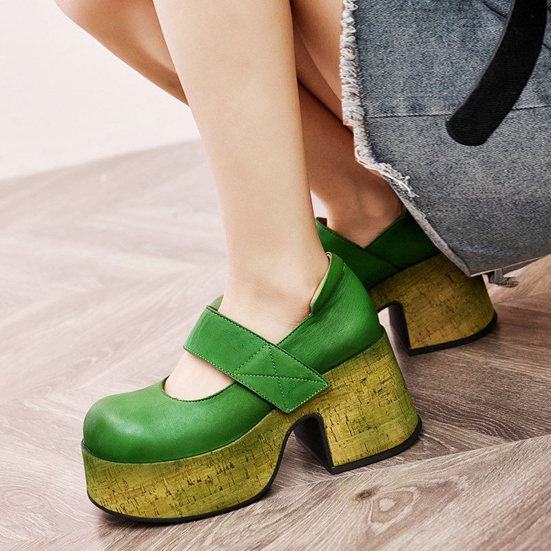 真皮厚底高级脚腕绑带单p鞋2025新款春秋手工高跟女鞋复古大头皮