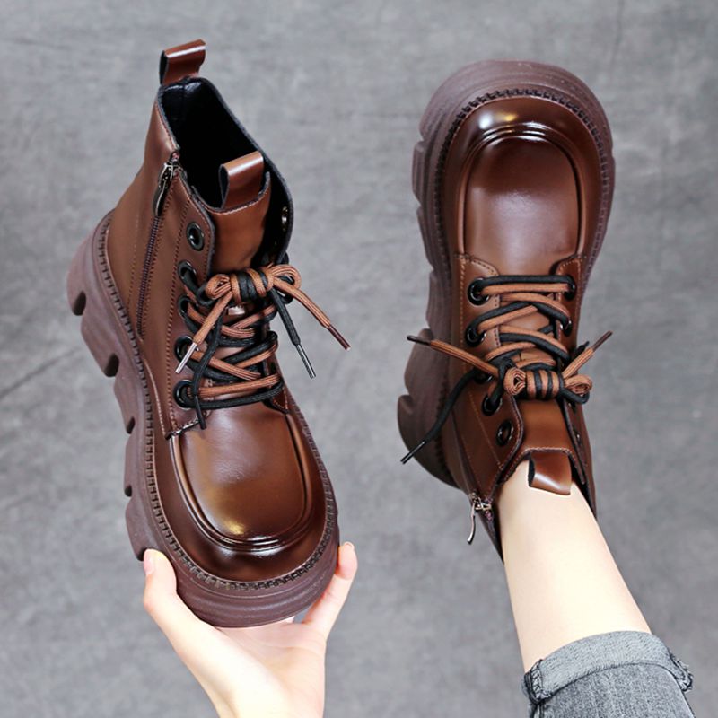 娃娃大头皮鞋厚底松糕短靴女丑萌秋冬款加绒M真皮坡跟圆头马丁靴4