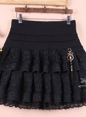 秋冬女a字蕾丝短裙蛋糕裙半身裙裤蓬蓬裙子大码松紧高.腰黑色打底