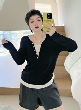 撞色假两件设计感v领t恤衫大码女装200斤胖mm长袖W潮打底针织小衫