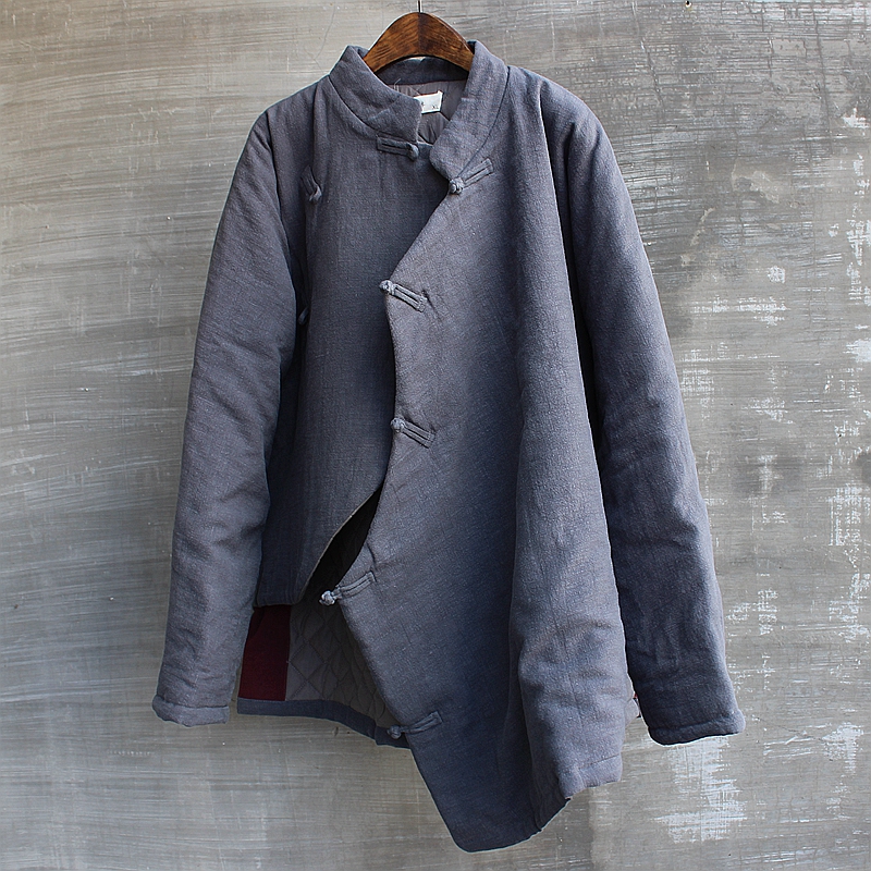 男冬季亚麻立领大襟斜p襟复古中国风棉袄棉衣上衣外套唐装中式大