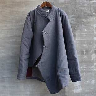 男冬季亚麻立领大襟斜p襟复古中国风棉袄棉衣上衣外套唐装中式大