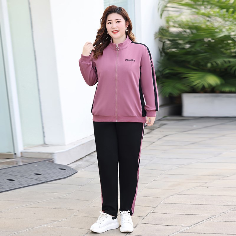 加大码胖妈妈春装休闲运动套装女时尚新款K胖mm减龄外套裤子两件