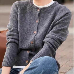 毛衣外套牦牛绒女秋冬季慵z懒风宽松灰色麻花针织开衫上衣