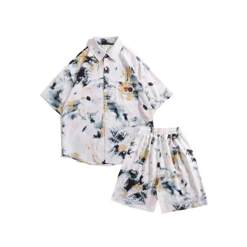 大码300d斤手绘印花衬衫短袖短裤男夏季海边度假穿搭宽松衬衣套装