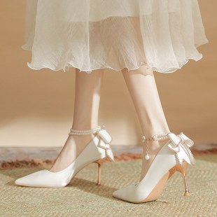 不累脚法式酒红色伴娘结婚礼新娘鞋主婚鞋细跟小T个子纱婚照高跟