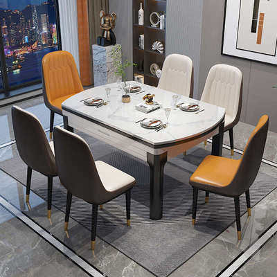 轻奢岩板餐桌椅组合现代简约意式可伸缩折K叠家用小户型圆实木饭