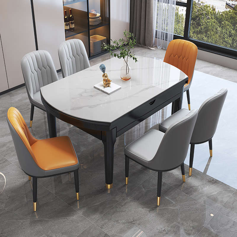 岩板餐桌椅组合现代简约轻奢伸缩折D叠饭桌家用小户型实木网红圆