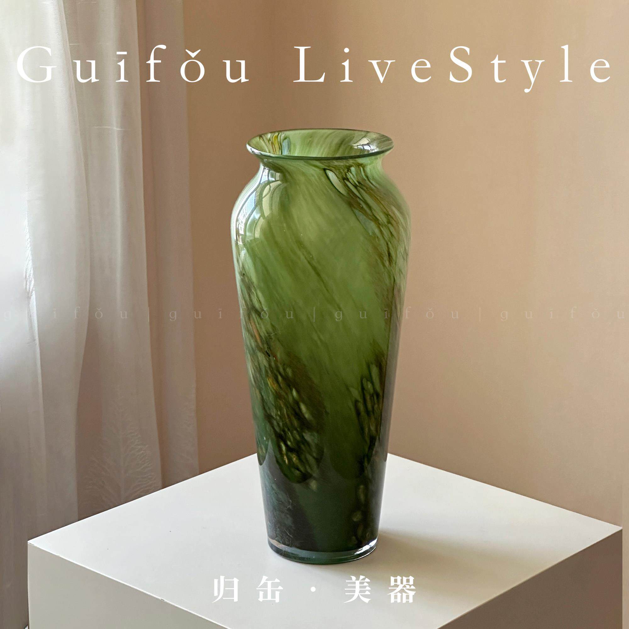 归缶超好看宋代美学复古绿色琉璃大号客厅高级感落地富贵竹花瓶