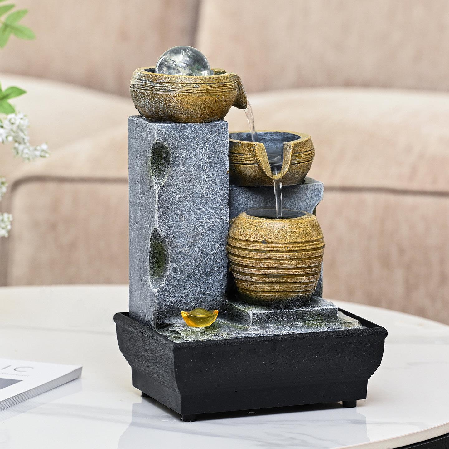 桌面流水摆件欧式生财风水轮水车茶台小型喷泉时来运转招财水晶球