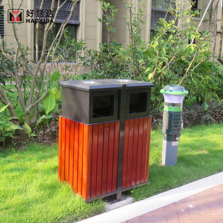 厂家直供户外钢木垃圾桶环卫分类果壳箱景区防腐实木垃圾箱带盖