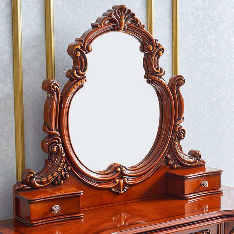 欧式梳妆台实木雕花公主卧室梳妆桌组装深色复古美式化妆台小户型