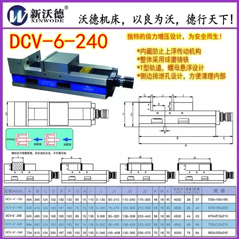 沃德机床MC倍力增压气动油压虎钳DCV-6-240倍力增压开口平口虎钳