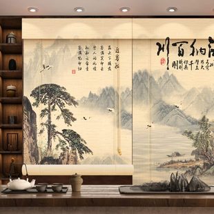 新中式 饰隔断背景帘 山水画印花竹帘卷帘窗帘卷拉式 茶室客厅禅意装