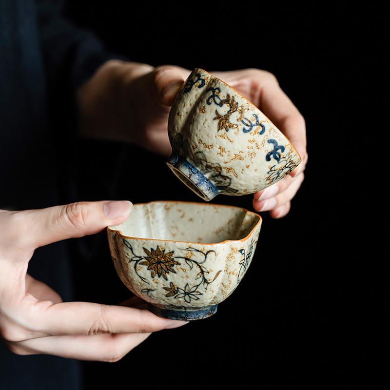 纯手绘 复古风高档茶杯陶瓷主人杯手绘青花火石品茗杯个人专用杯