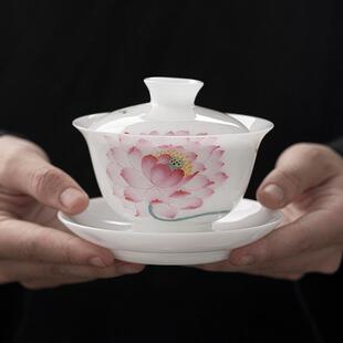 高档手绘粉彩三才盖碗单个不烫手德化冰种玉瓷泡茶碗陶瓷白瓷茶杯