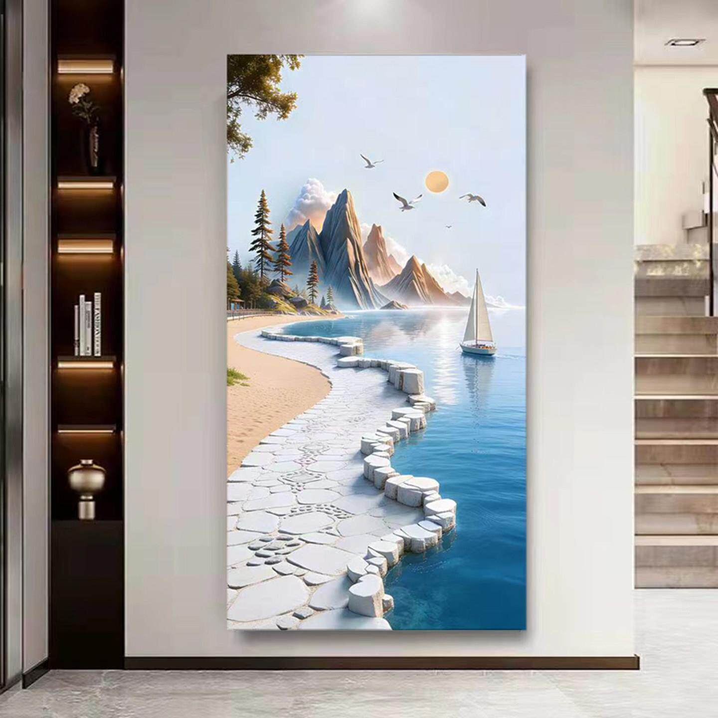 风景画入户玄关装饰画立体浮雕山水挂画2026新款走廊过道带灯壁画