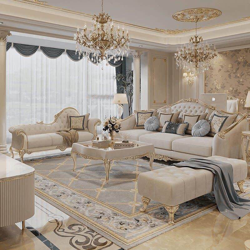 法式轻奢沙发实木雕花布艺三人双人贵妃组合沙发高档别墅欧式奢华