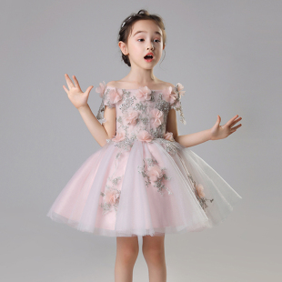 女童婚纱公主裙蓬蓬纱儿童一x字肩生日晚礼服小花童钢琴演出服洋