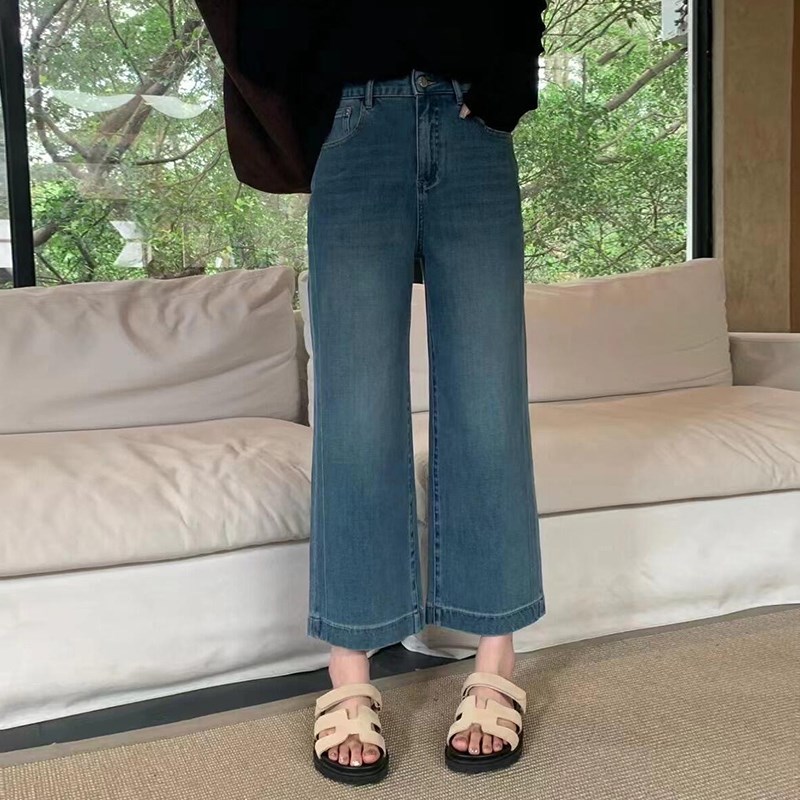 秋季新款蓝色阔腿牛仔裤女大码胖mm梨形身材裤子宽松显瘦直筒裤子