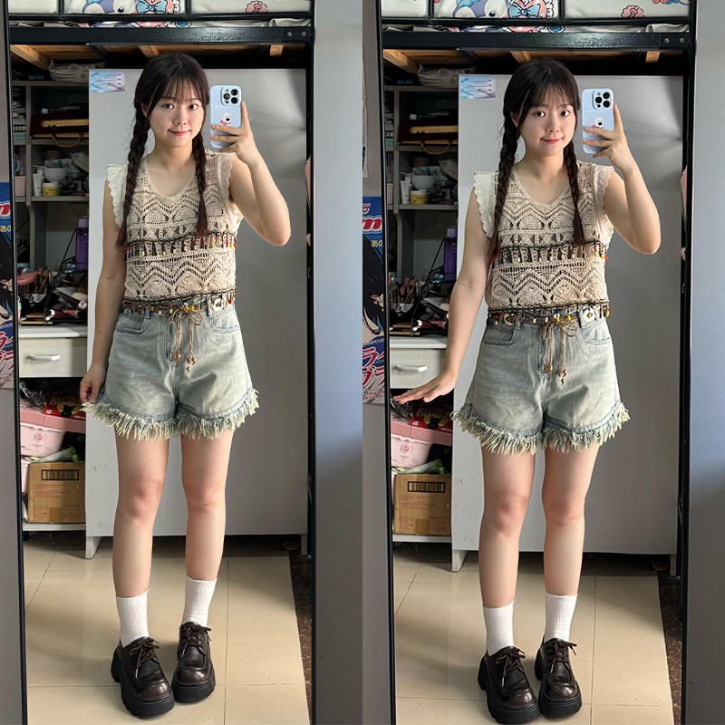 特大码胖mm学院风设计感流苏牛仔短裤女新款裤子美式高街辣妹热裤