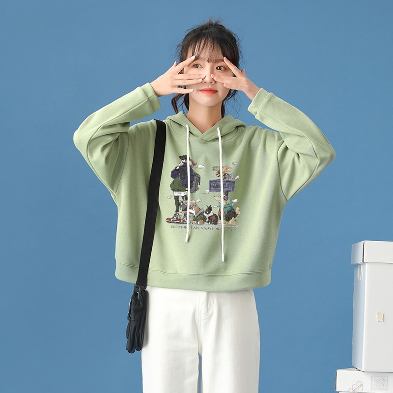 小个子女生高腰绿色短款连帽卫衣女春秋薄款宽Q松韩版带帽长袖上