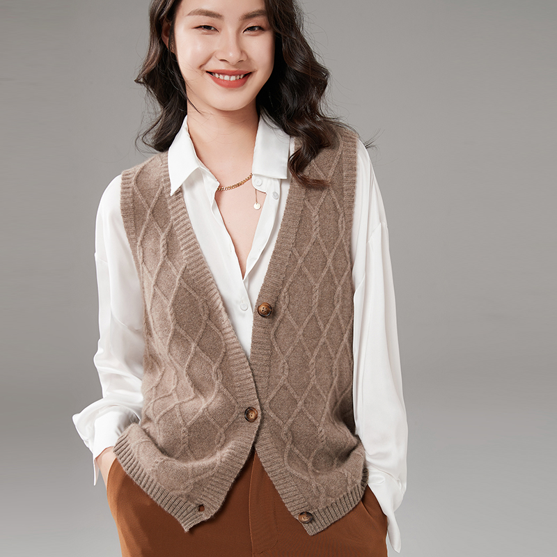 秋冬新款100纯山羊绒加厚V领马甲女叠穿复古坎肩背心针织毛衣外穿