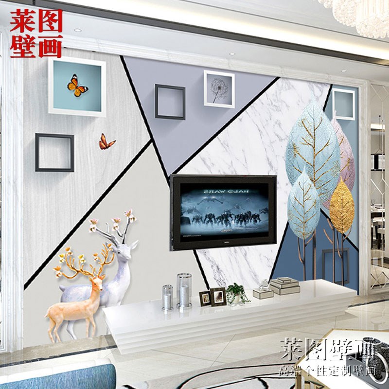 电视背景墙壁纸3D立体轻奢几何条纹F麋鹿装饰壁画客厅卧室墙布壁图片