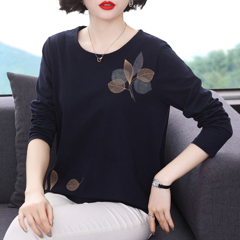 纯棉长袖t恤女 宽松上衣服2021新款中老年洋气秋衣外穿妈妈打底衫
