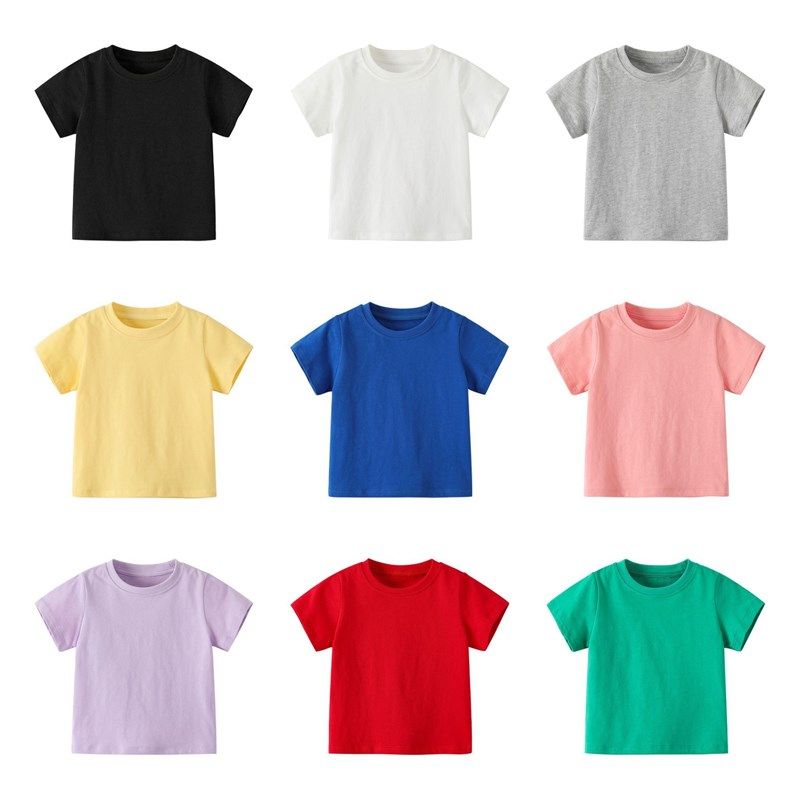 儿童短袖T恤夏季糖果纯色韩版男女宝宝纯棉上衣圆领白色大童衣服