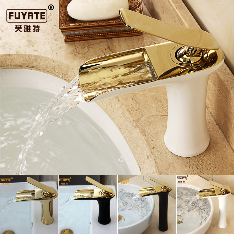 瀑布水龙头冷热洗脸盆浴室黑色卫生间白金色台上盆水龙头全铜高款