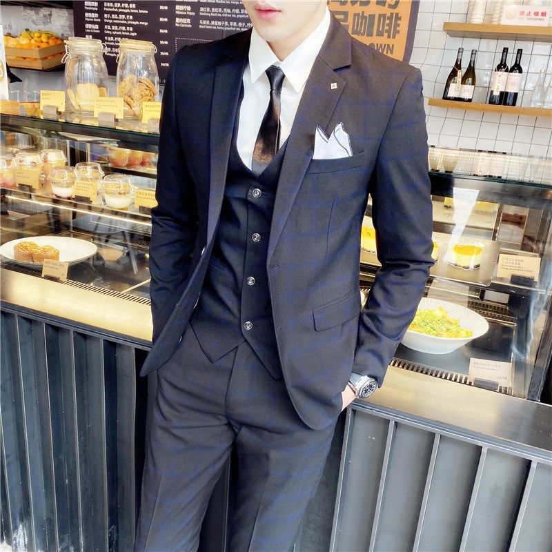 西服套装男士三件套韩版西式格子修身西装职业正装伴郎结婚礼服