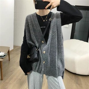韩国开衫羊绒背心女宽松针织马甲外穿无袖毛衣中长款套头羊毛坎肩